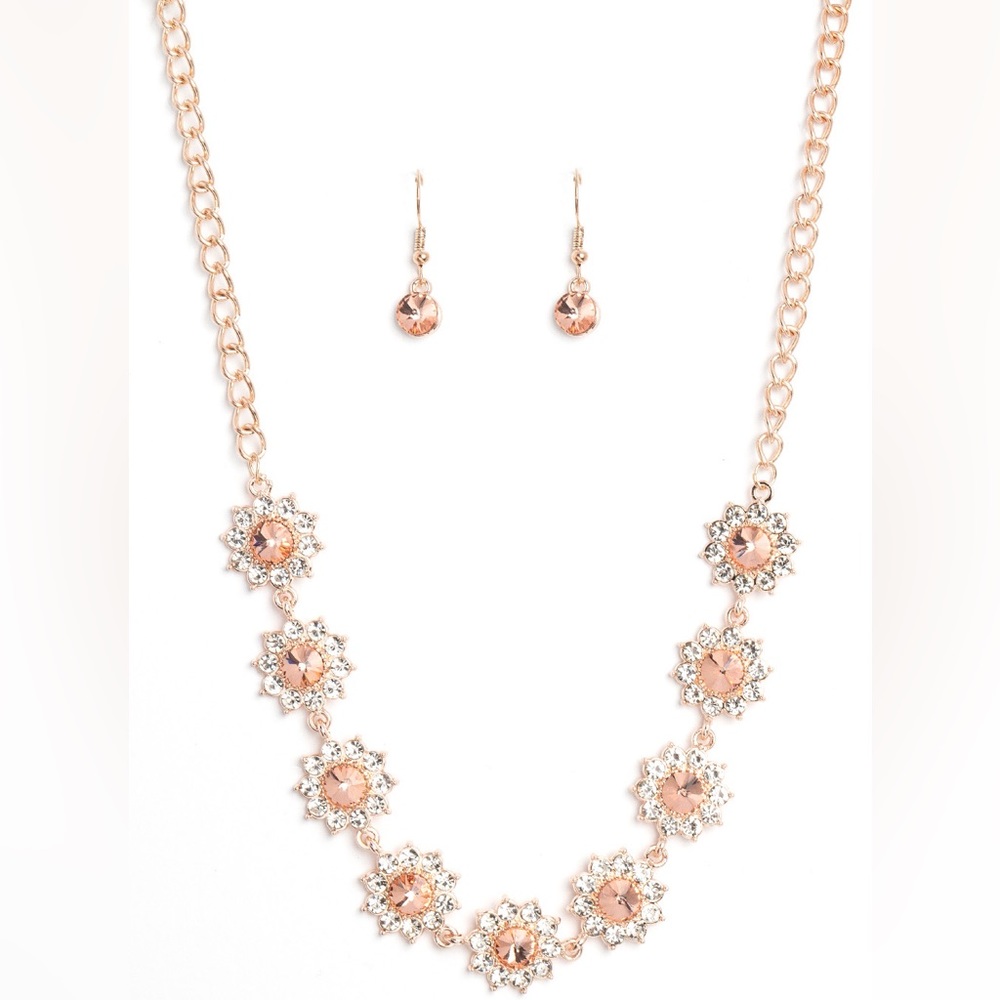 NEW Boutique Rose Gold & Silver Diamond Floral Necklace & Earrings Jewelry Set - Picture 3 of 3